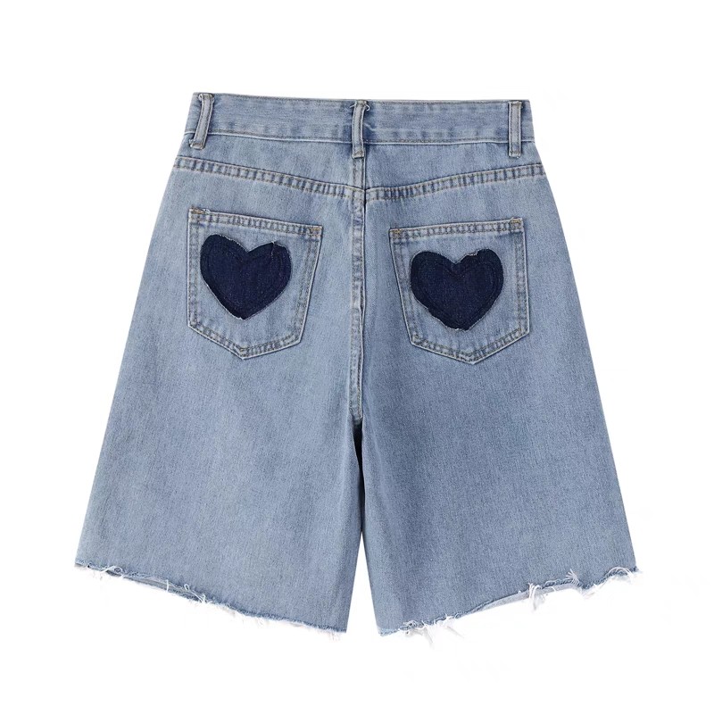 200斤外贸特大码女装速卖通亚马逊欧美风爱心口袋直筒五分牛仔裤