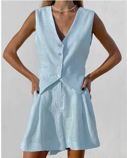 Cotton Vest Shorts Set设计感棉麻无袖西装马甲背心短裤休闲套装