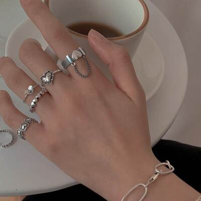 5pcs Korea Punk Love Heart Ring Set Personality Silvery Geom