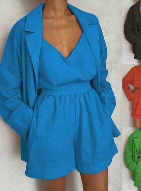 Cross-border women's V-neck solid color vest shorts set