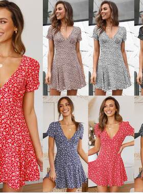 2021 women's short sleeve V-neck sexy floral dot printin