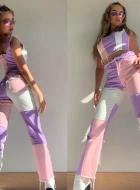 Women's plaid contrast color slim high waist jeans长裤蓝色