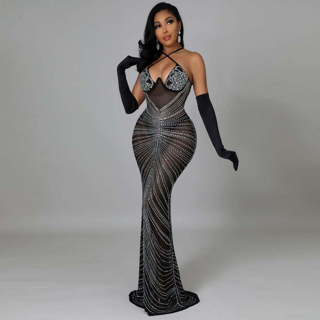 Mesh Hot Diamond Party Dress欧美性感涤网透视烫钻吊带礼服长裙