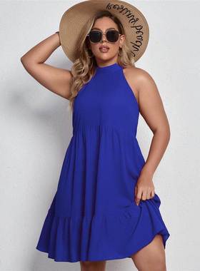 plus size women casual dresses 大码蓝色性感无袖蝴蝶结连衣裙