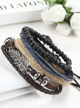 皮绳男女情侣手链复古多层手镯 couples hand catenary bracelet