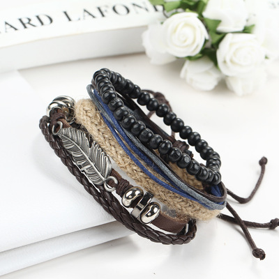 皮绳男女情侣手链复古多层手镯 couples hand catenary bracelet