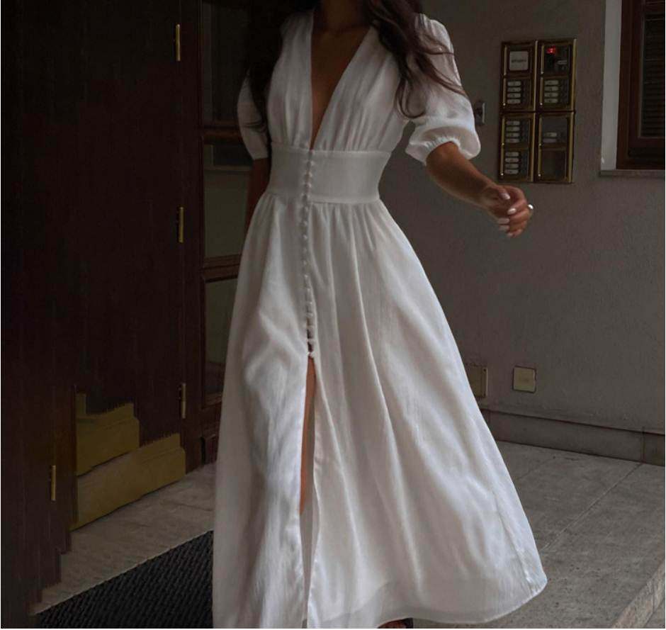 Puff Short Sleeve Dress 法式性感V领泡泡短袖开叉收腰大摆长裙
