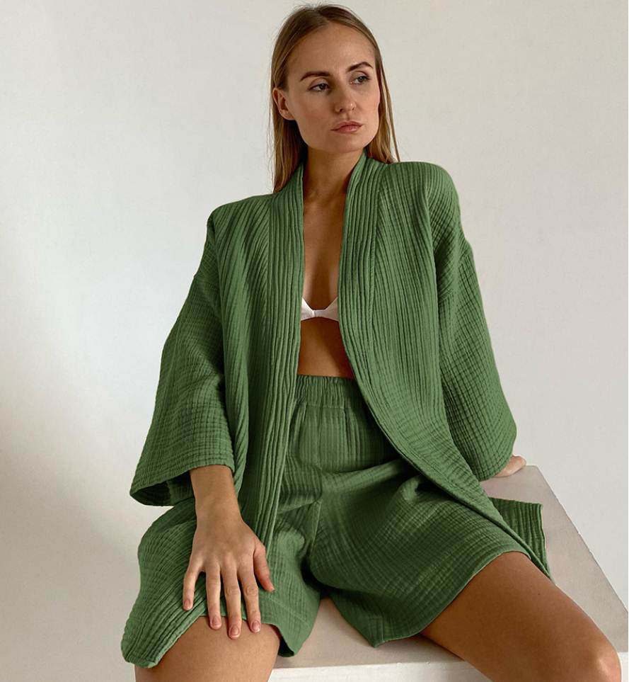 Cotton casual suit 欧美绉纱布五分袖开衫系带衬衫短裤休闲套装