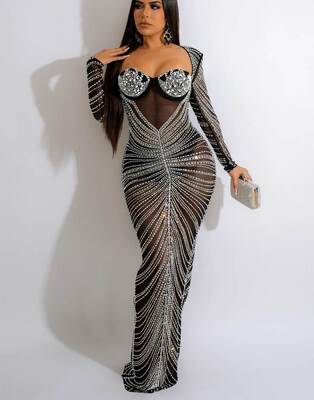 Mesh Party Long Dress 欧美性感网纱烫钻透视露背修身聚会礼服裙