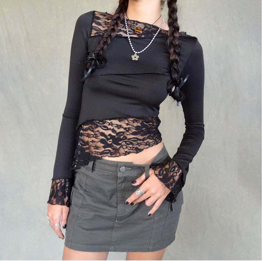 Lace irregular shirt 欧美性感蕾丝单层拼接不规则勾花长袖衬衫