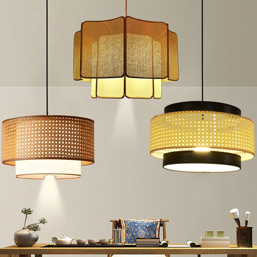 日式禅意藤编火锅餐厅吊灯带射灯