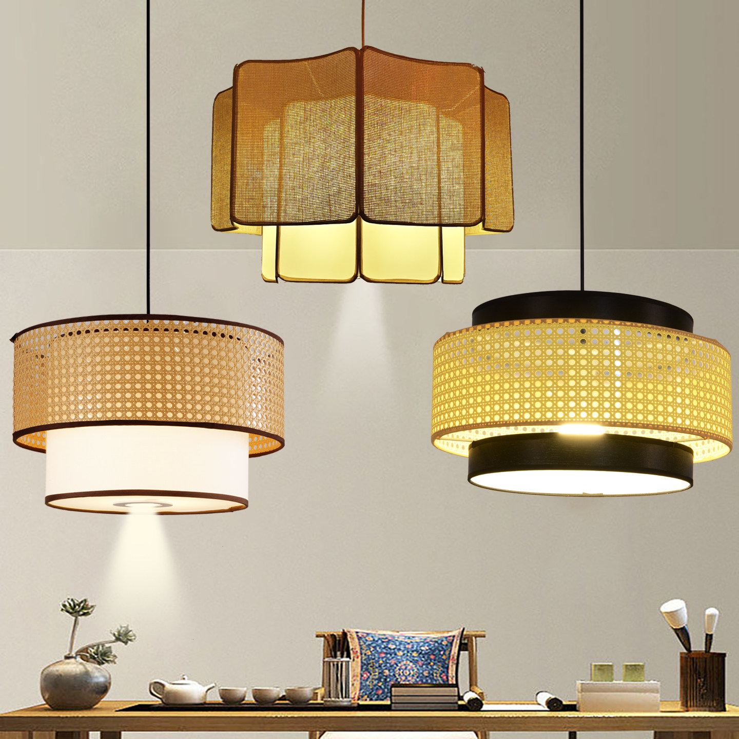 日式藤艺吊灯禅意新中式火锅店餐厅包间茶室民宿创意藤编带射灯具