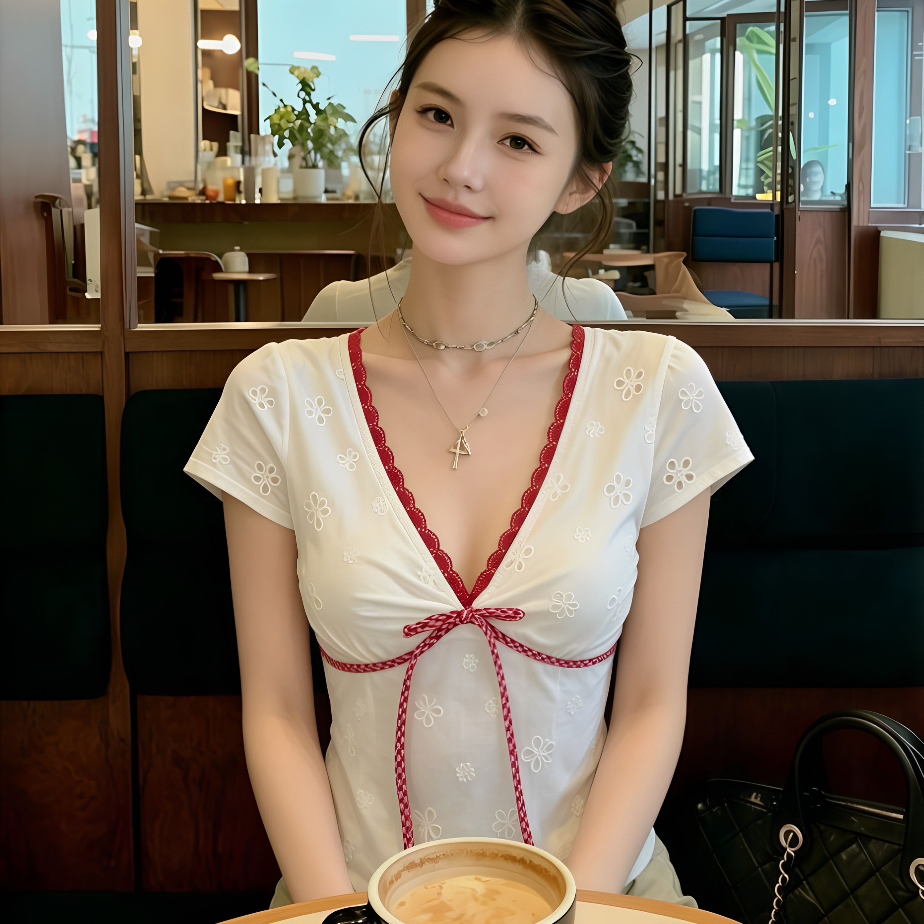 韩系辣妹纯欲V领蝴蝶结短袖T恤女夏修身显瘦撞色短款休闲百搭上衣