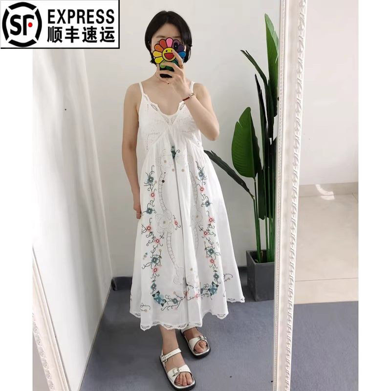 清 S1M1 带标买手店se@镂空棉麻蕾丝花卉刺绣连衣裙吊带裙outlets