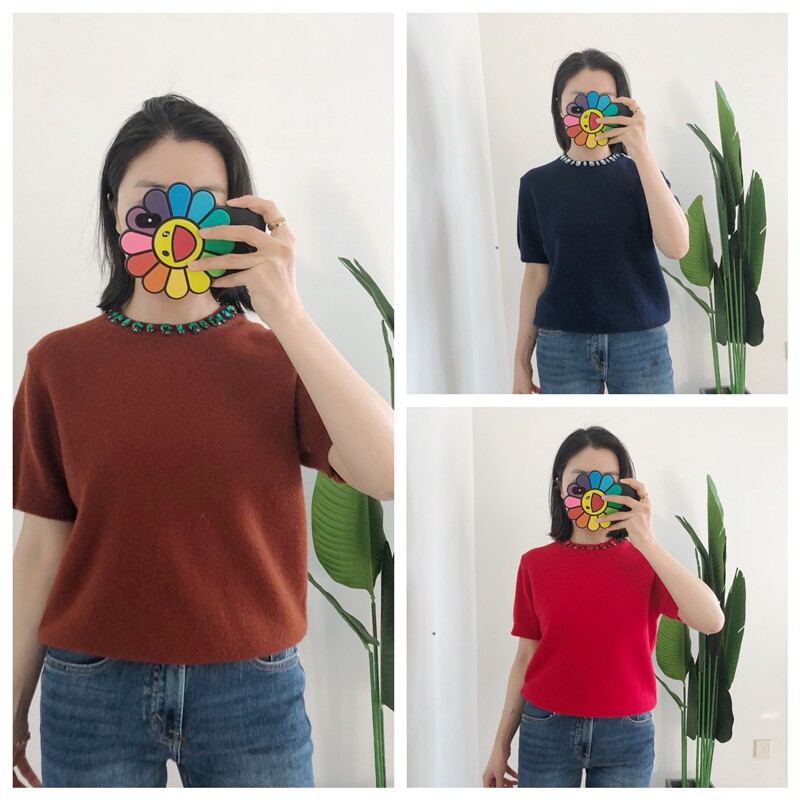 买手店 26早春 圆领手工亮钻羊毛短袖针织套头衫