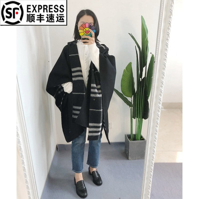 年底重磅款 买手店 厚款黑色格纹羊绒斗篷保暖连帽外套 时尚百搭