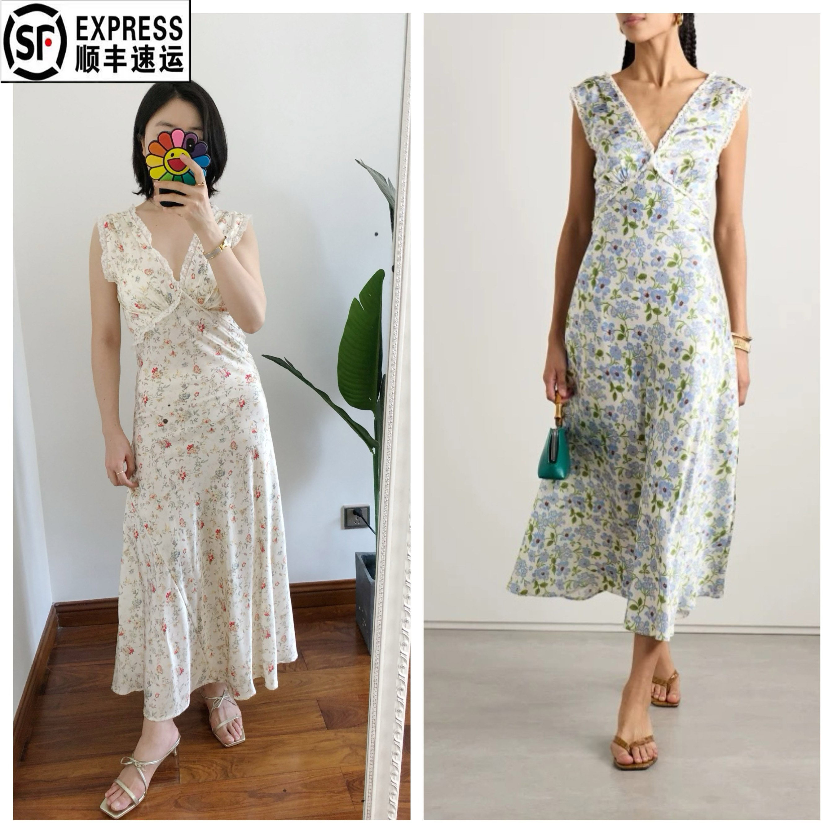 发顺丰 Y标买手店do*n TAHLIA真丝碎花蕾丝花边V领收腰系带连衣裙