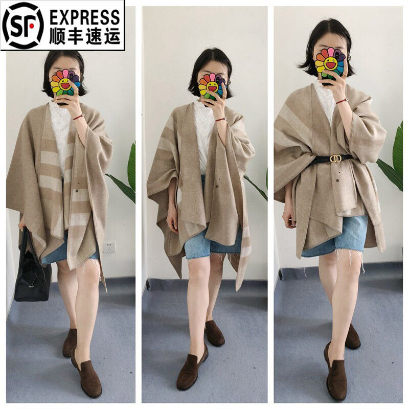 买手店 燕麦色羊绒披肩斗篷外套 两面可用 温柔典雅