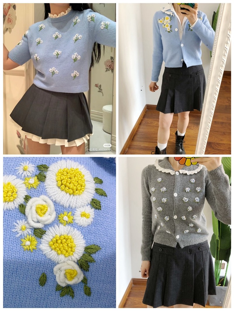 折 买手店SST软糯绣花羊毛混纺针织开衫 花卉短袖套头毛衣outlets