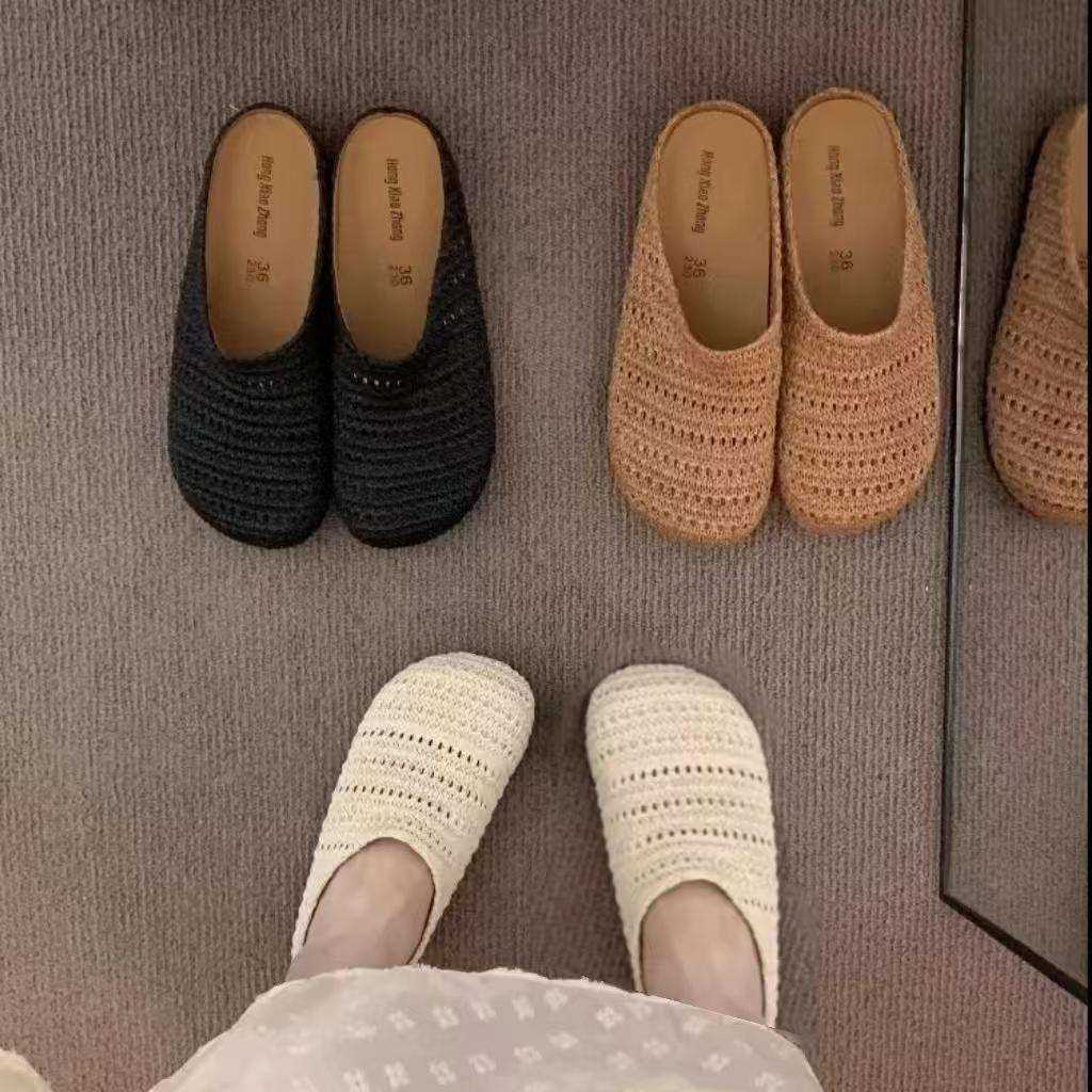 纯色编织包头外穿女夏软底懒人一