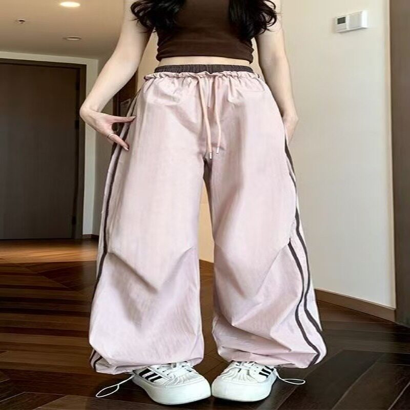粉色速干工装裤女夏季高腰设计感