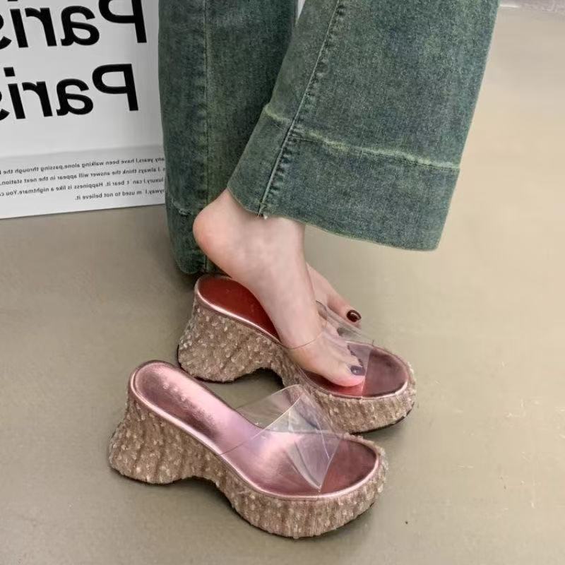 亮片松糕凉鞋女夏季闪面透明高跟