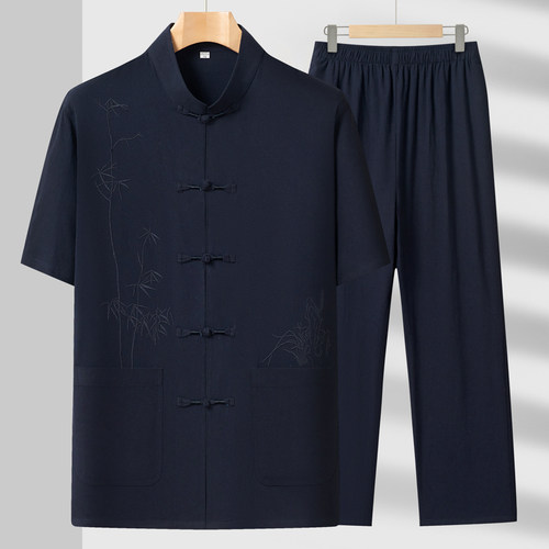 夏季新款中老年男唐装套装