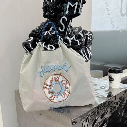 日系自制ball chain环保购物袋尼龙布刺绣花手提帆布包尼龙购物袋