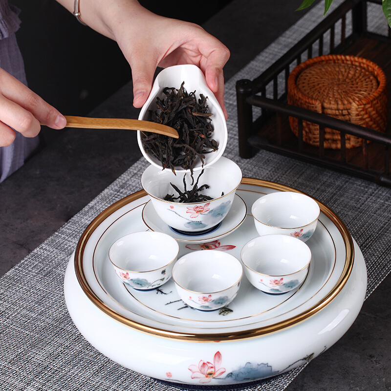 功夫茶具套装高档圆形陶瓷茶盘釉下手绘荷花整套茶具茶杯家用送礼