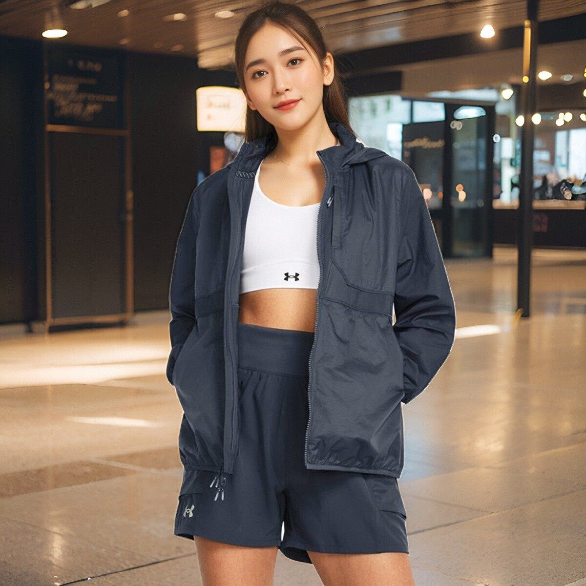 安德玛UA秋季外套Launch女子越野跑步健身运动上衣夹克1383358