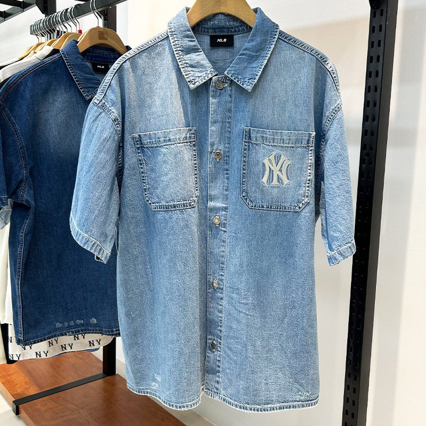 MLB牛仔衬衫情侣春夏款NY刺绣男女翻领运动夹克短袖外套3ADRB0653