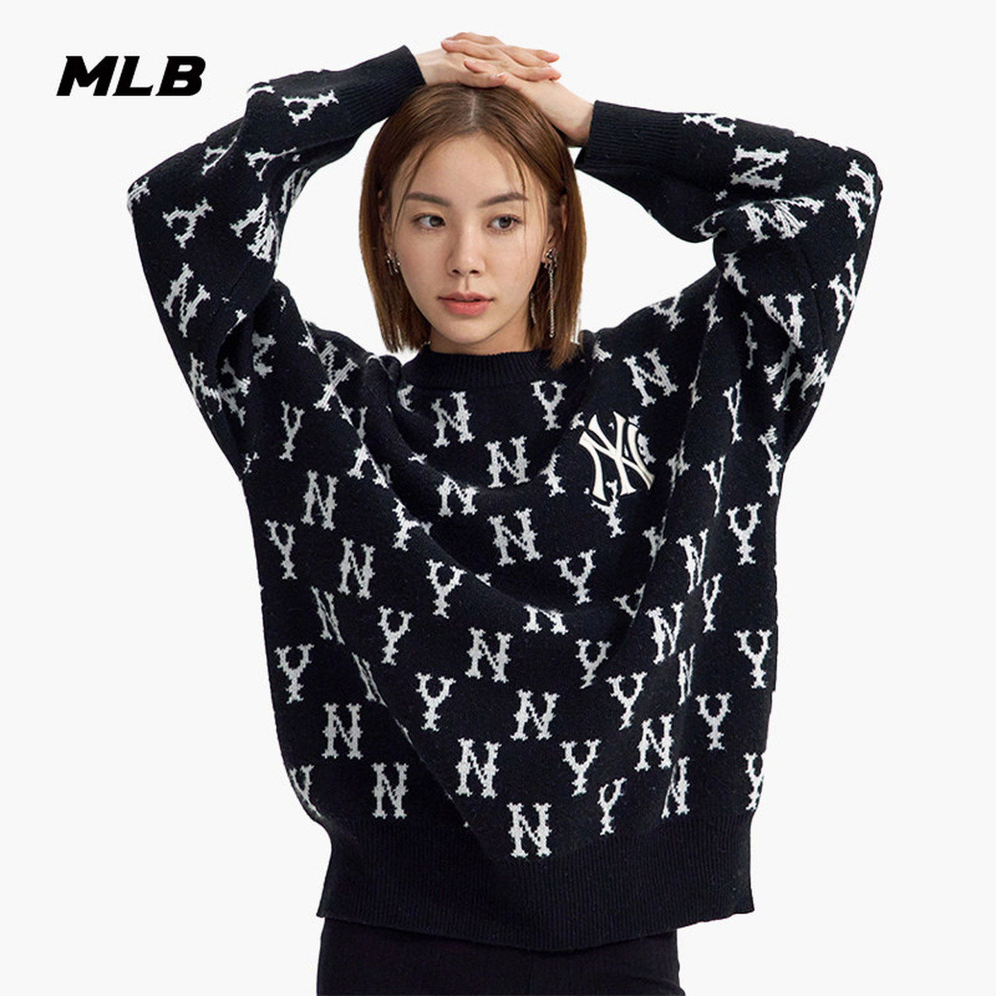 MLB男女同款毛衣NY满标刺绣圆领套头杉运动上衣针织衫3AKPM0126