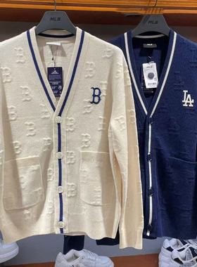 MLB针织外套男女同款春季字母立体老花满标情侣撞色毛衣3AKCM0344