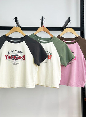 MLB女子短袖2025新款NY字母印花学院风撞色拼接运动T恤3FTSV0853