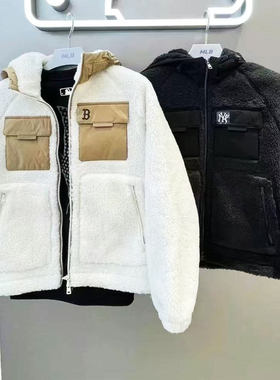 MLB秋冬男女NY经典连帽仿羊羔绒情侣时尚连帽夹克外套3AFDB0146