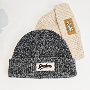 MLB毛线帽男女25秋冬新款 情侣字母贴布含羊毛针织帽冷帽3ABNBM656