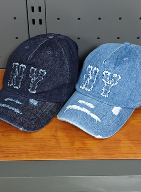 MLB棒球帽男女NY复古磨边镂空破洞情侣牛仔帽硬顶鸭舌帽3ACPDS24N