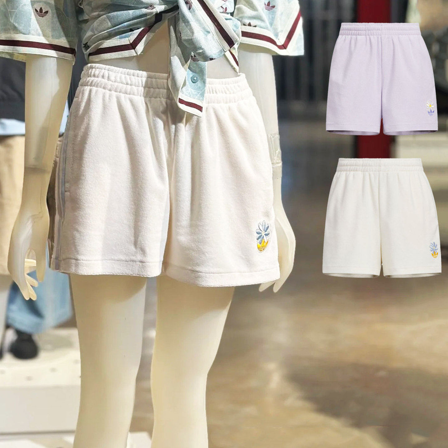 adidas阿迪达斯女子春夏款三叶草刺绣雏菊运动短裤KE5079 KE5080