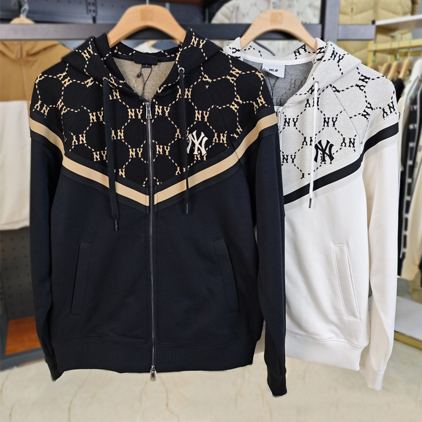 MLB情侣外套NY钻石老花拼接连帽男女运动拉链开衫卫衣3ATRM0144