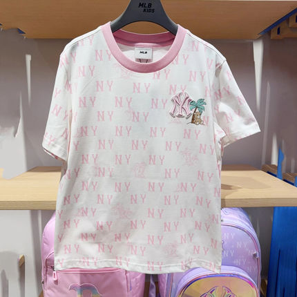 MLB儿童短袖NY刺绣老花满印皱眉熊男女童装圆领运动T恤7ATSM0653