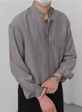 新中式宽松长袖立领衬衫男 春秋季小众高级感打底衫潮流亚麻衬衣