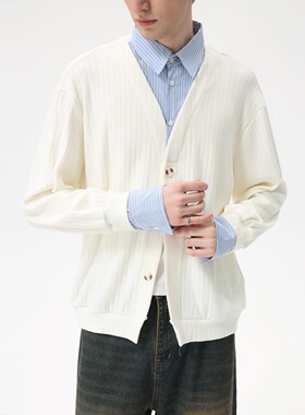 美式V领开衫针织衫男秋冬季轻熟风假两件条纹撞色休闲毛衣外套