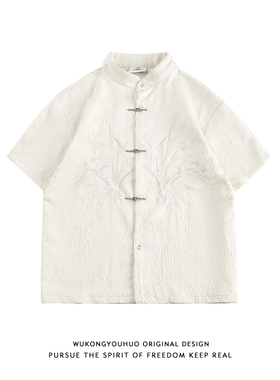 2025新款新中式刺绣飞机扣短袖衬衫男女中国风复古中山装休闲衬衣