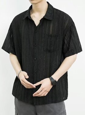 轻奢禁欲系冰丝提花衬衫男短袖夏季垂感小众设计感休闲痞帅衬衣潮