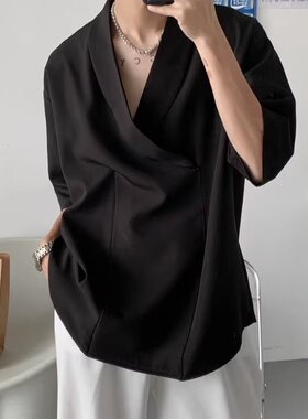 小众设计感衬衫男个性潮牌垂感气质休闲港风日系bf宽松五分袖衬衣