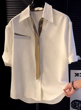 2025新款小众设计感通勤领带衬衫 夏季时尚潮流上衣痞帅短袖衬衣