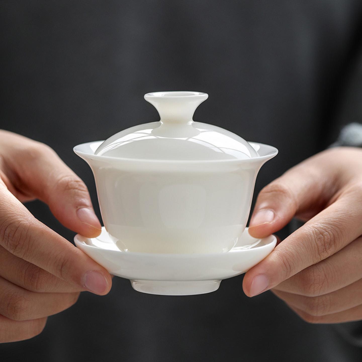 德化羊脂玉白瓷单个盖碗茶杯陶瓷