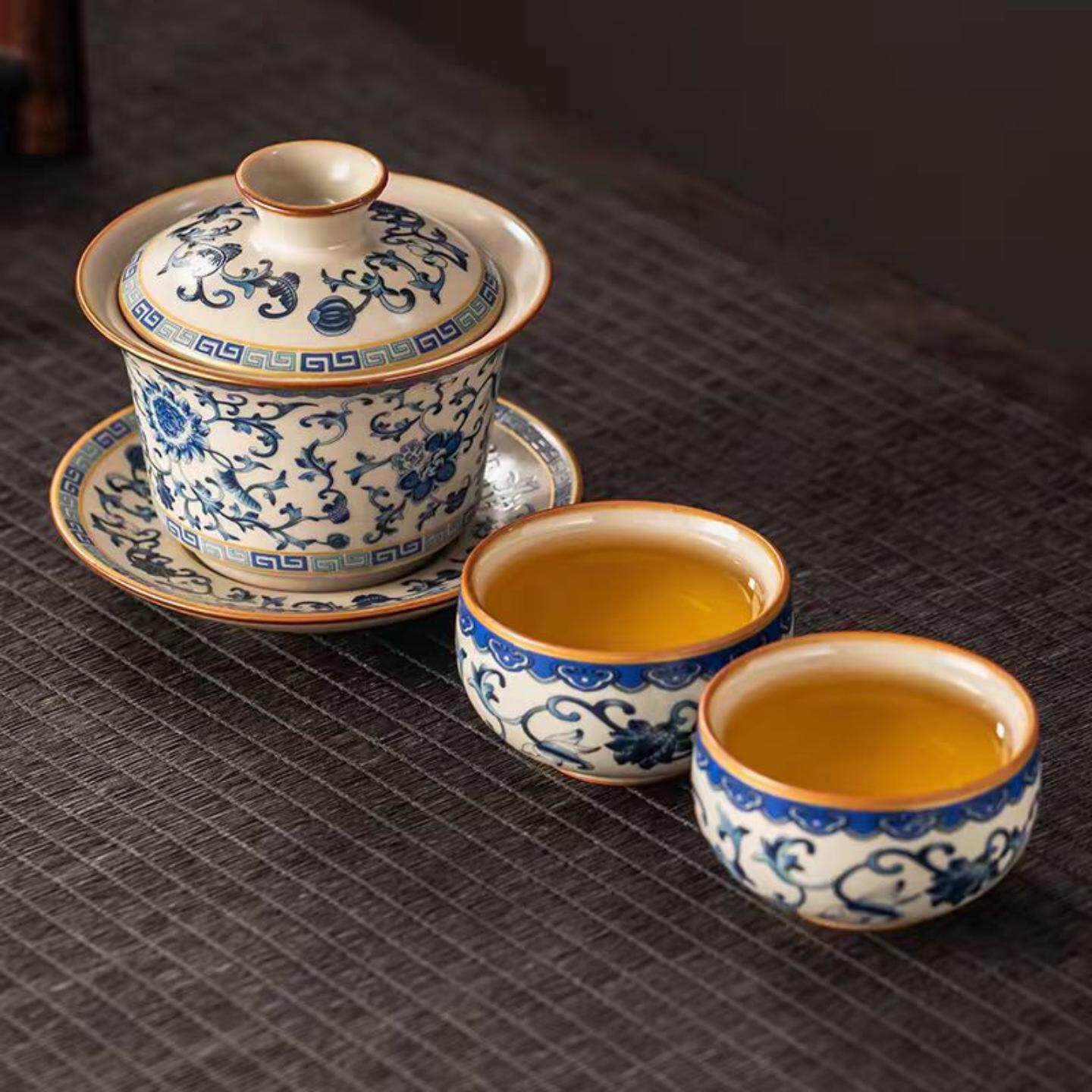 青花米黄汝窑功夫茶具陶瓷三才