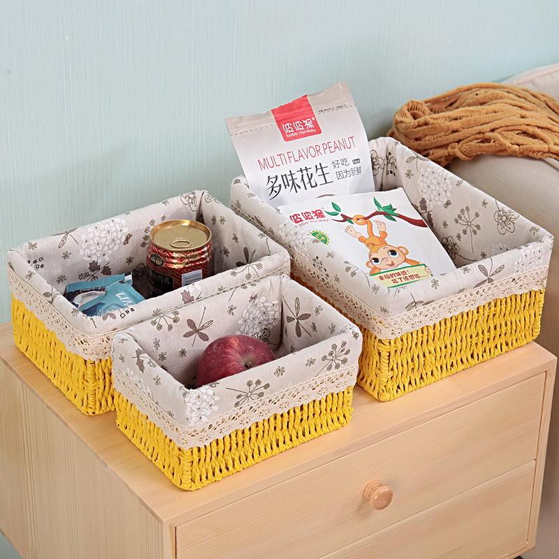 田园桌面化妆收品纳盒茶几遥控器收篮编织纳草编钥匙零仿食收纳框