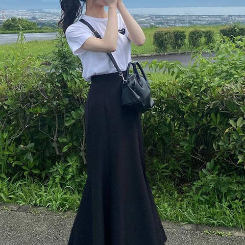GRL夏季新款斋藤飞鸟同款日系松紧高腰后开叉纯色鱼尾半身裙